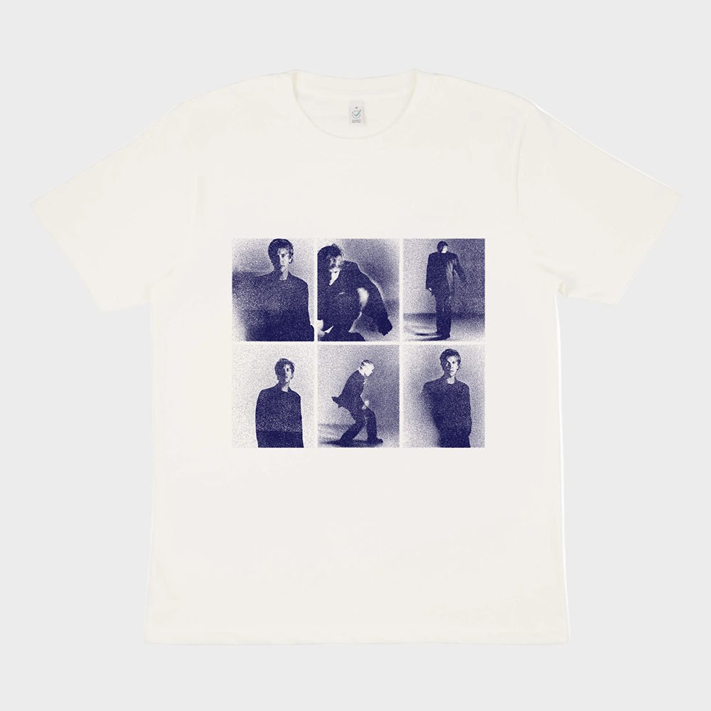 White t-shirt with blue graphic of Tom Odell in various poses on a white background