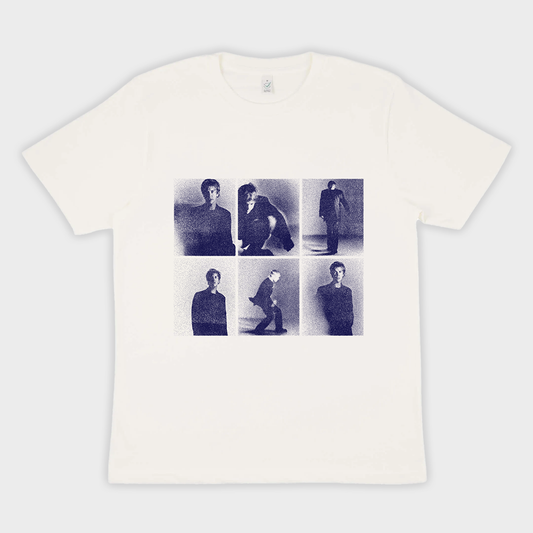 Tom Odell Blue slides offwhite tee