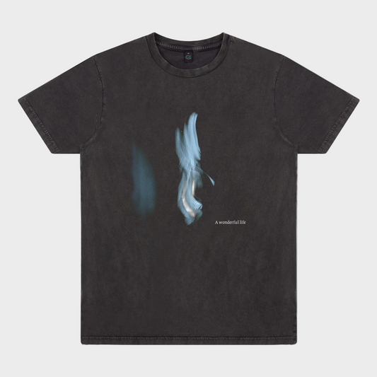 Black t-shirt with blue graphic design on a white background